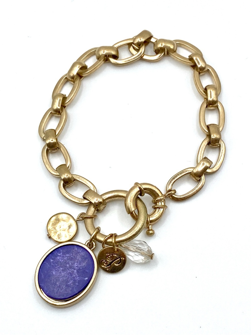 Plunder Design "Nora" Gold Link Chain Lapis Blue Charm Bracelet